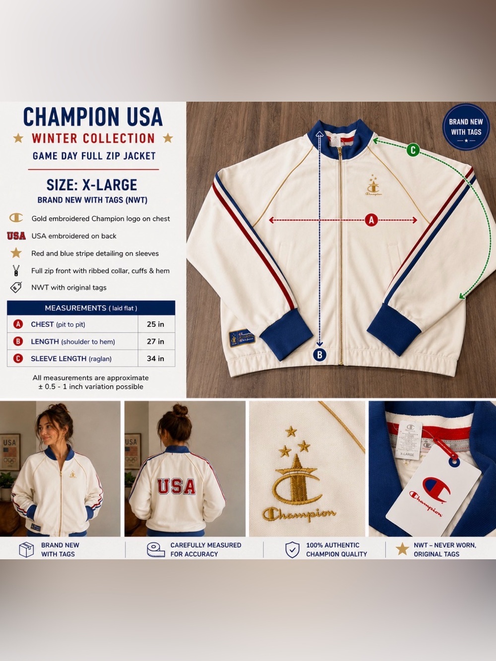 Champion USA Winter Collection Full Zip Jacket NWT XL Cream Red Blue